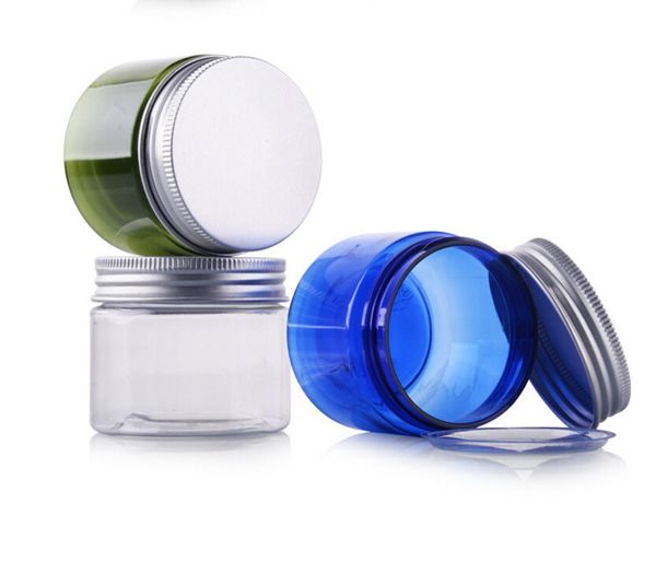 50g transparente kleine Kunststoff-PET-Gläser mit Aluminiumdeckel, blauer leerer kosmetischer Probenbehälter mit Metalldeckel LX1344