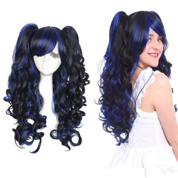 2018 Lolita Women Black Mixed Blue Long Ricci ondulati coda di cavallo Parrucca Cosplay per feste