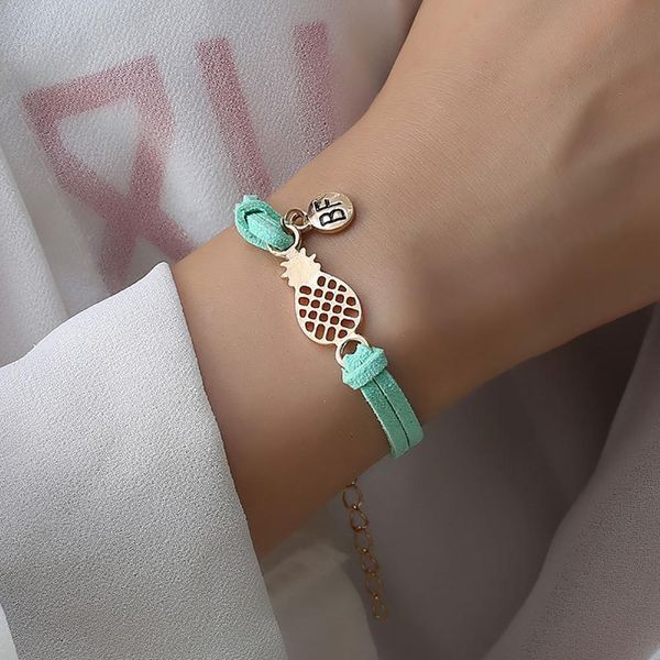 

fashion women girls faux leather rope hollow pineapple letter bf double layer bracelet gift, Golden;silver