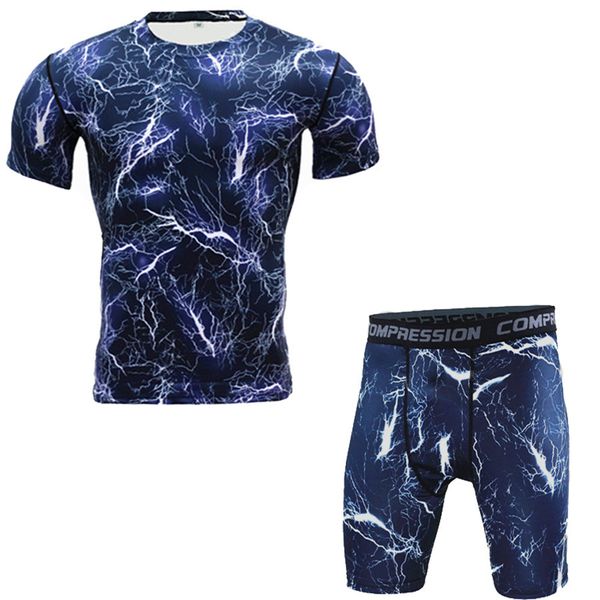 

yanqin men pro fitness flash print compression sets quick dry legging workout training exercise short pant+shirt men's sets, White;black