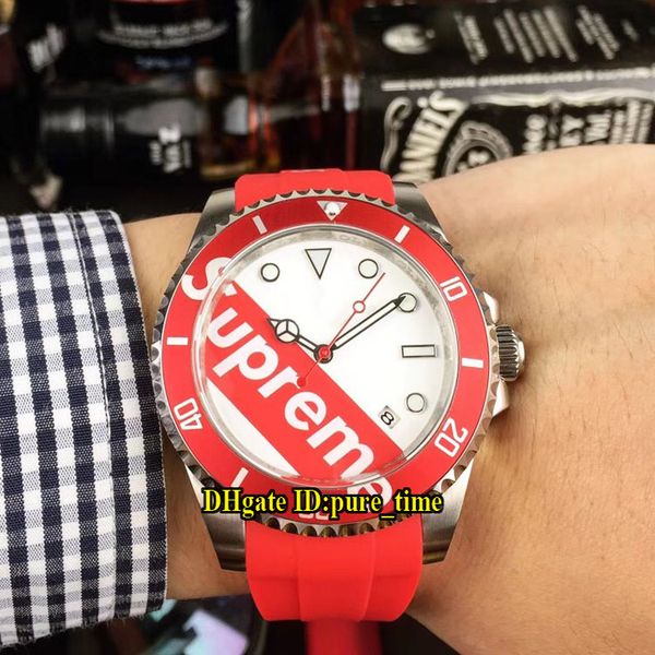 

new 40mm no date 114060 white/red dial em automatic mens watch red bezel white rubber strap original buckle watches, Slivery;brown