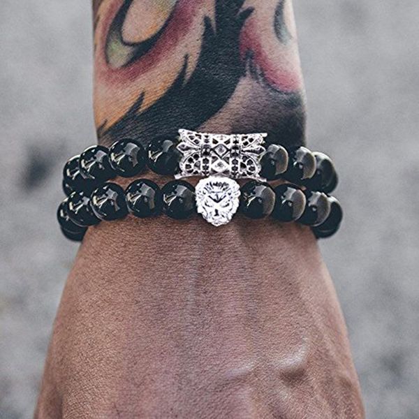 

2 pcs/set animal king lion bracelet black natural stone beads couple braslet sets for men hand jewelry erkek bileklik