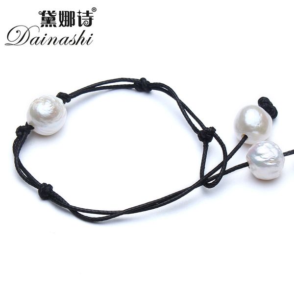 

dainashi 2017 handmade diy leather natural freshwater pearls bracelet jewelry baroque pearl rope bracelet for women gift, Golden;silver