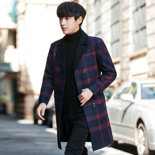 

men coat winter business casual long jacket men striped plaid coats mens, Black
