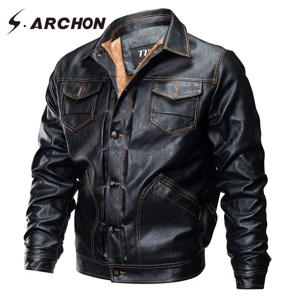 

s.archon winter pu leather pilot jackets men casual tactical fleece bomber jacket windbreaker clothes motorcycle jacket, Black;brown