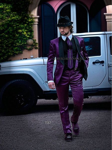 Nova Moda Um Botão Roxo Noivo De Cetim Do Noivo Smoking Padrinhos Xale Lapela Melhor Homem Blazer Ternos de Casamento Dos Homens (Jacket + Pants + Tie) H: 886