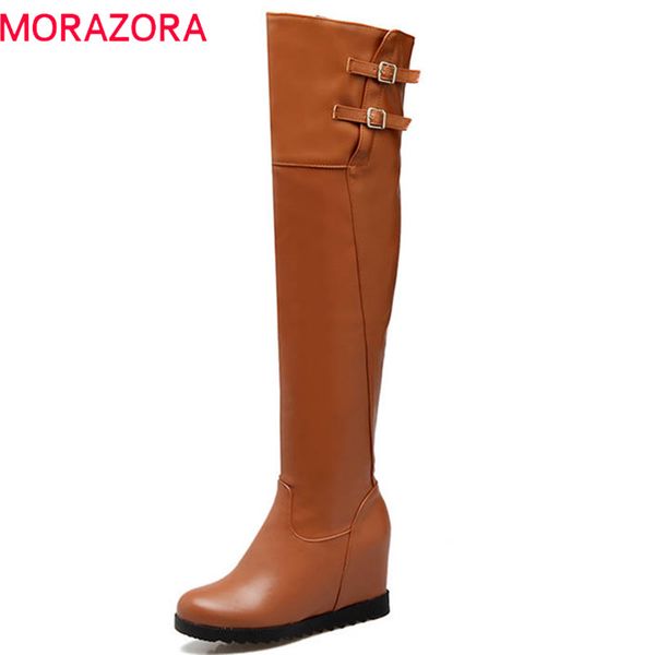 

morazora 2018 new arrival round toe short plush autumn winter women boots zipper with buckle over the knee boots wedges shoes, Black