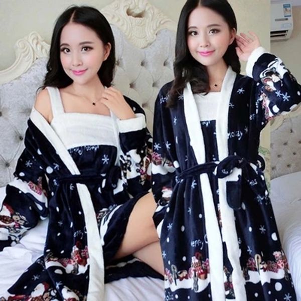 

wholesale-bath robe women winter warm coral fleece women's bathrobe nightgown kimono floral dressing gown sleepwear female home clothes, Black;red