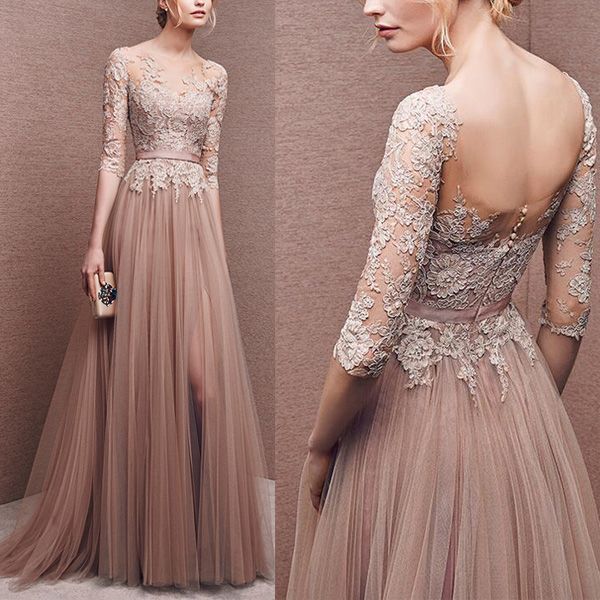 compre a line color marrón claro y encaje vestido de novia bateau