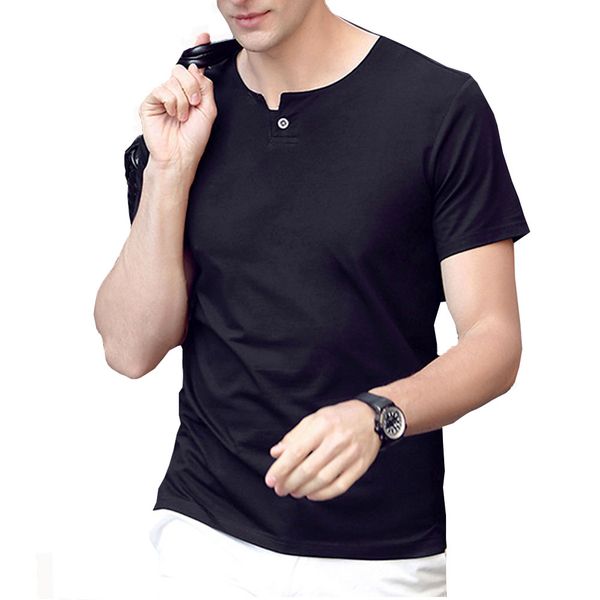 

tees t-shirts mens hommes summer single button design solid soft color sleeve tshirts short man clothing excce, Black