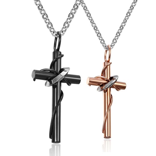 2021 schwarz/Rose Gold Titan Stahl Kreuz Anhänger Halskette für Männer Frauen Christian Gebet Halsketten Schmuck Männlich Weiblich