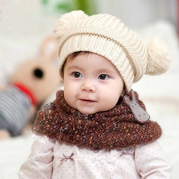 

baby hat cute child caps winter hat for kids dual ball knitted baby caps boys girls toddler crochet beanie hairball ear, Yellow