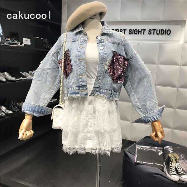 

cakucool new denim jacket red sequins pocket women's jeans korean short jeans jacket shimmer spliced coat casual girls outerwear, Black;brown