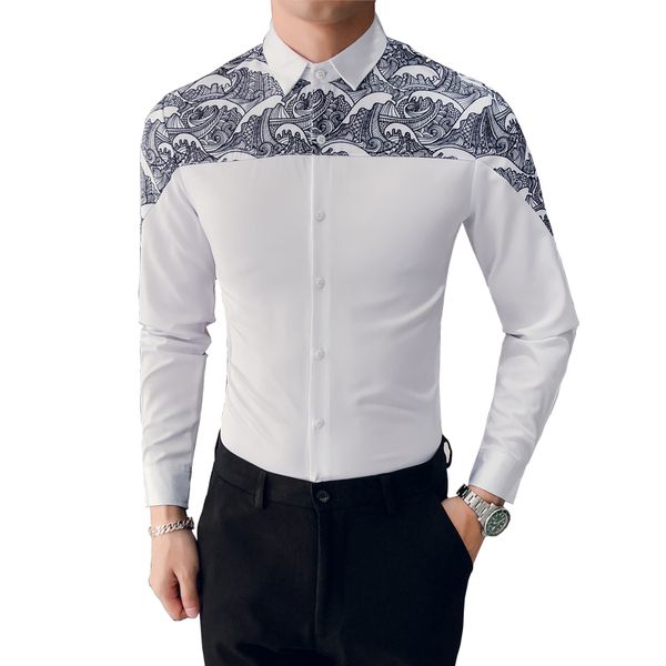 

korean men shirt brand new slim fit print patchwork tuxedo mens long sleeve shirts night club party prom white shirts mens 3xl, White;black