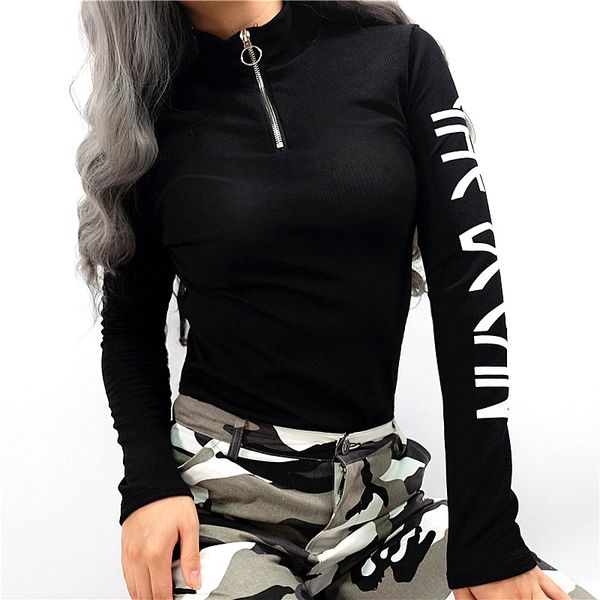 

2018 winter women gothic letter print pit strip long sleeve sweatshirts black knitted hoodies new fashion warm pullovers