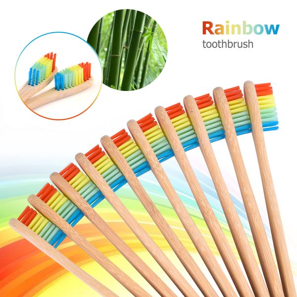 Rainbow Bamboo biodegradable toothbrush with Soft Bristles and Wood Handle for Teeth Whitening and Oral Hygiene