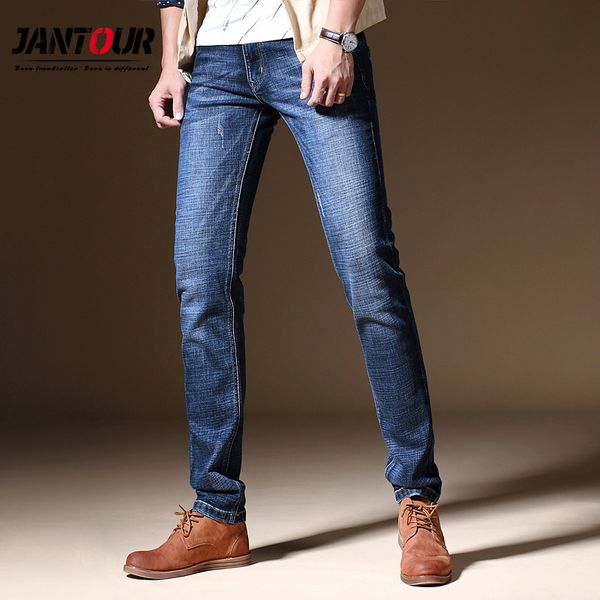

jantour 2018 new slim blue jeans men long trousers skinny distressed business casual cotton jeans denim pants man jean male