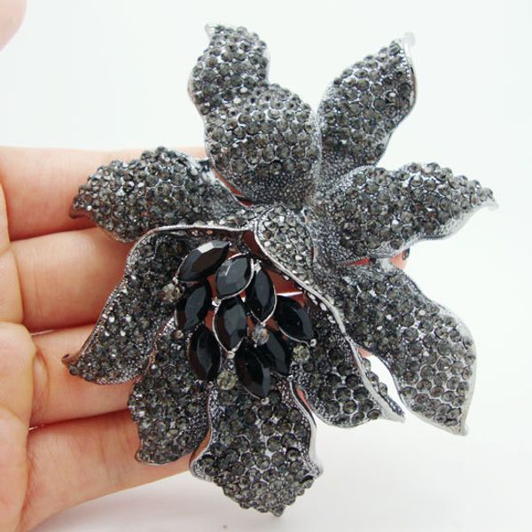 

classic black crystal rhinestone large flowers orchid brooch pins woman jewelry, Gray