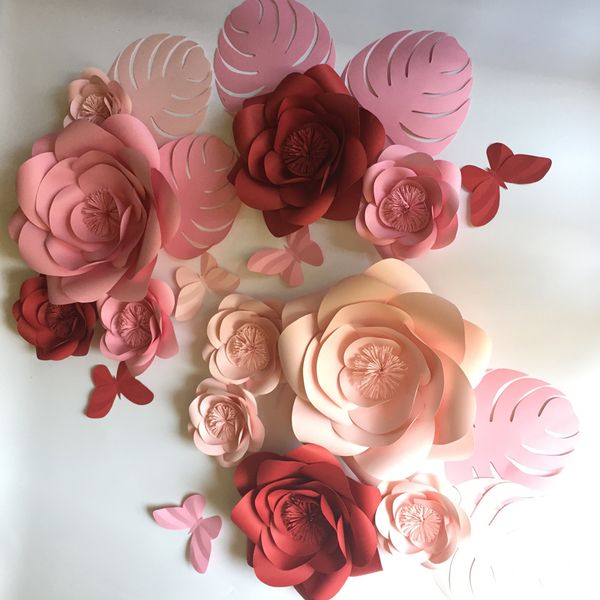

11pcs giant paper flowers+5pcs butterfly+ 5pcs leaves showcase wedding backdrops props baby room decor flores artificiais para
