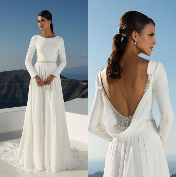 

2019 satin beach wedding dresses scoop neck lace appliques a line bridal gowns backless long sleeve wedding dress plus size, White