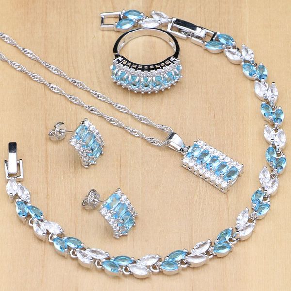 

925 sterling silver jewelry sets blue zircon stone white crystal for women party earrings/pendant/rings/bracelet/necklace set, Slivery;golden