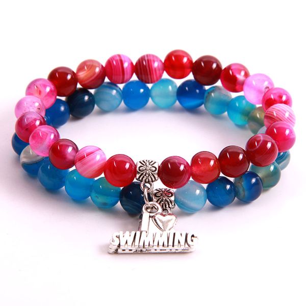 

ncrhgl popular 7 styles 8mm beads bracelet i love swimming charm onyx natural stone beaded bracelets bangles jewelry women men, Black