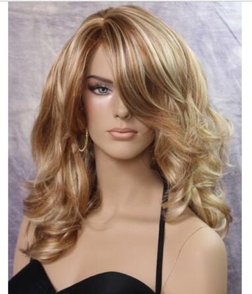 

beautiful wavy curly layered wig strawberry and pale blonde mix jsbd 27-613, Black;brown