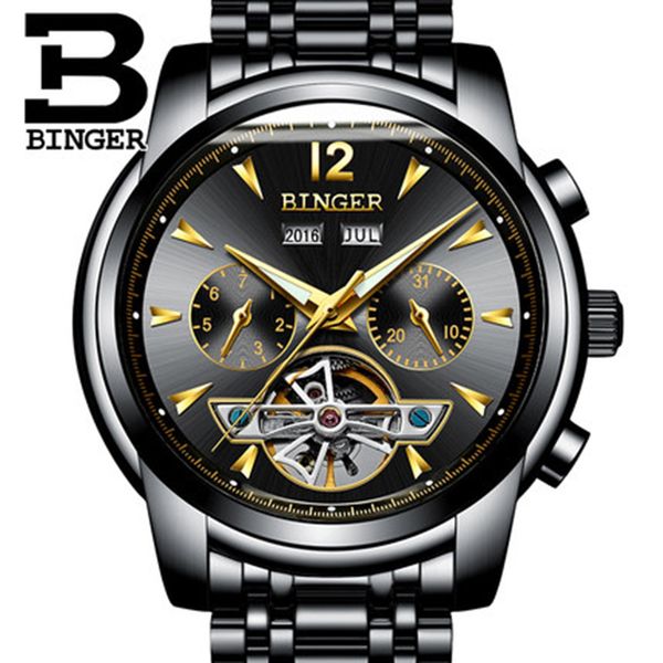 

genuine luxury binger brand men self-wind waterproof full steel automatic mechanical male hollow luminous fashion watch, Slivery;brown
