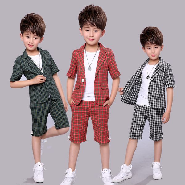 

summer baby suit fashion plaid slim boy casual costume t shirt blazer pant 3parts kid wedding summer dress, White