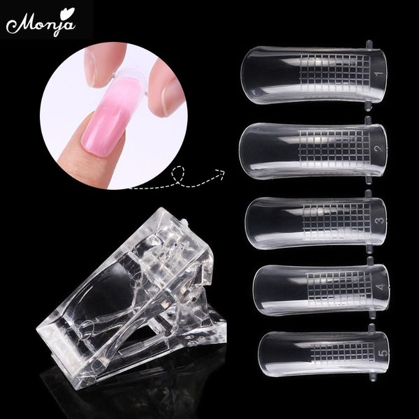 

monja 20/100pcs nail art crystal plastic false nail mold forms poly uv gel quick extension builder tips clip diy manicure tools, Red;gold