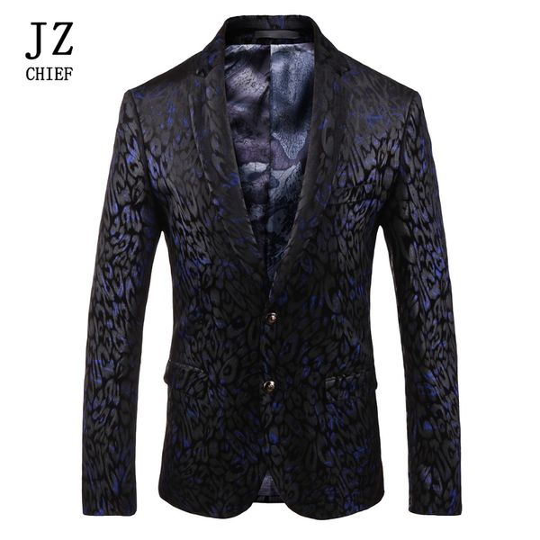 

jz chief printed blue black blazer single breasted two button jacket parties coat stage costumes for singers slim fit plus size, White;black