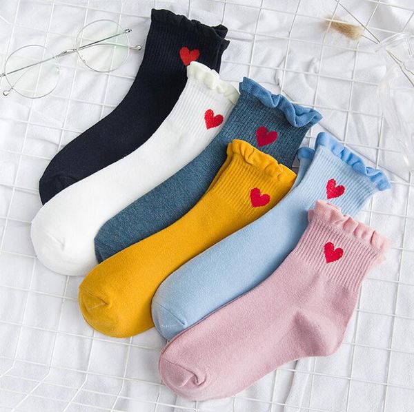 

new kawaii cute socks women red heart pattern soft breathable cotton socks ankle-high casual comfy socks fashion style, Pink;yellow
