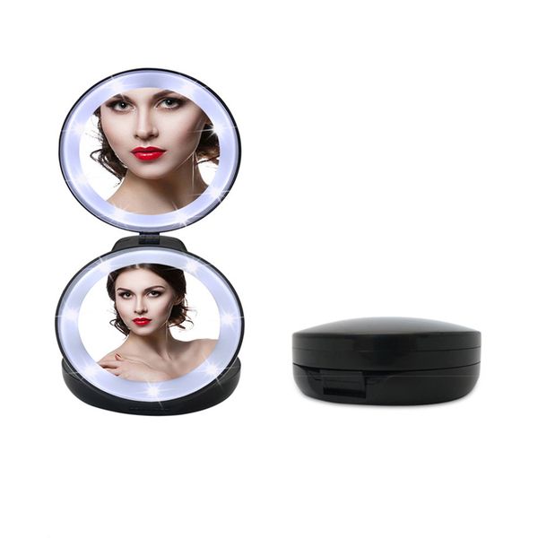 

led lights mirror three folding 5x magnification makeup mirror compact stand hand cosmetic woman pocket mirrors make up