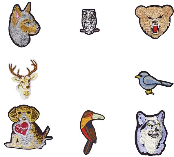 

8pcs animal combo series stripes sewing patch dog owl pigeon elk long-billed bird wolf bear patches for glue embroidery clothing patch craft, Black