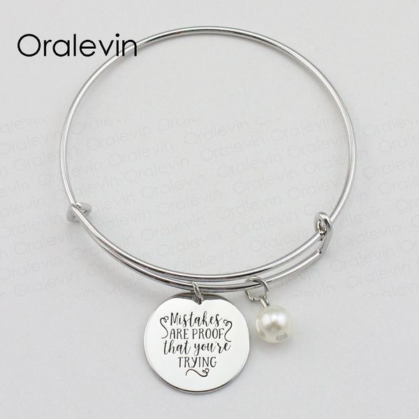 

mistakes are proof that you'r trying inspirational hand stamped engraved pendant expandable bracelet jewelry,10pcs/lot, #ln1927b, Black