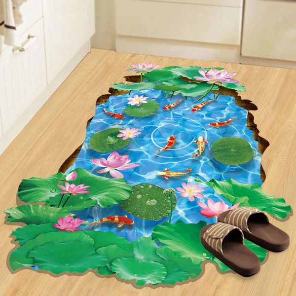 

3d stereo fish in the lotus pond wall stickers removable waterproof floor wallpaper decor diy home decoration art mural poster