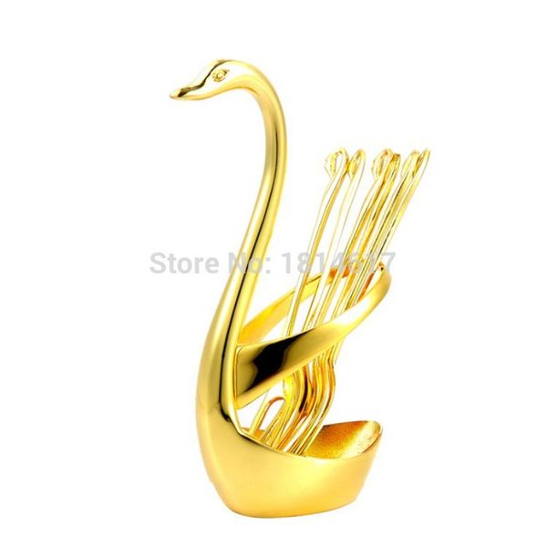 

wholesale-fashion creative golden and silver swan fruit fork suits.luxurious gold fruit dessert fork cutlery quality
