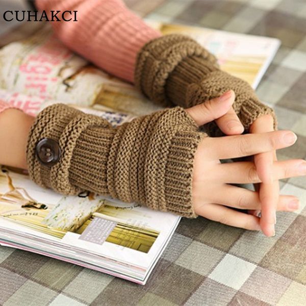 

cuhakci winter mittens warm knitted fingerless gloves women button wrist soft mittens 9 colors ladies gifts half finger gloves, Blue;gray