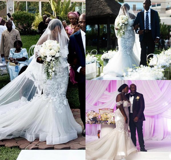 

real pictures 2019 plus size mermaid wedding dresses off shoulder beads lace appliques country bridal gown south african wedding dress, White