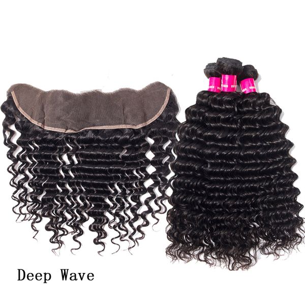 

brazilian virgin hair deep wave kinky curly loose wave straight body wave 3 bundles with 13x4 ear to ear lace frontal closure brazilian hair, Black
