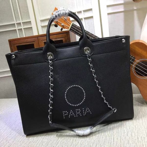 

5a quality black caviar leather large hopping tote 43cm women vintage houlder bag with rivet good price