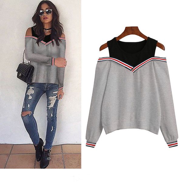 

women hoodies sweatshirts off shoulder patchwork female autumn hollow out hoodies casual fake two pieces pullovers jumper, Black