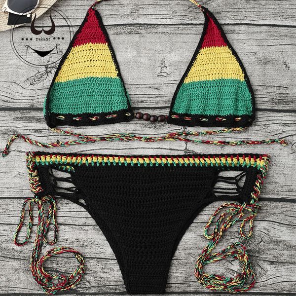 

2018 new vintage women's swimsuits solid crochet bikini hand weave knitted swimsuit two- pieces swimimg suit swimsuit bathing, White;black
