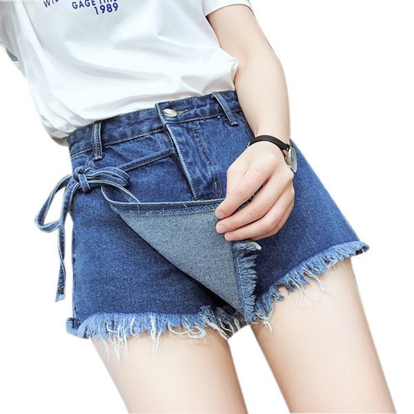 

blue tassel loose denim shorts for women plus size high waist bow jeans shorts female large size wide leg casual femme