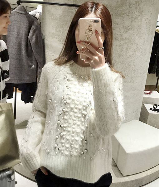 

brand designer luxury pearl wool sweaters 2018 autumn winter fashion manual beading white pullovers casual jumpers knitted, White;black
