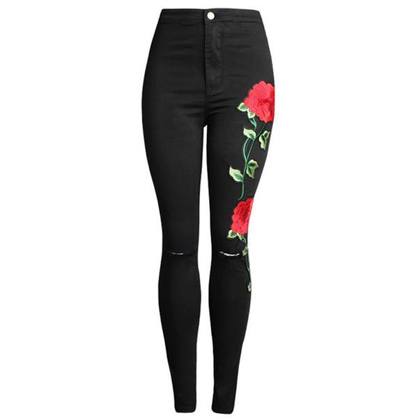 

high waist jeans women 2017 spring floral embroidery denim pencil pants casual black elastic femme jeans ripped woman, Blue