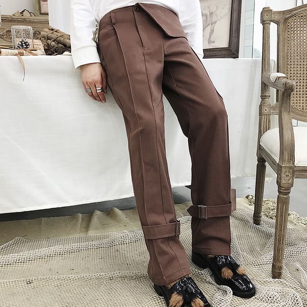 

new men's street fashion personality trends autumn style irregular waist circumference brown straight tube design trousers, Black