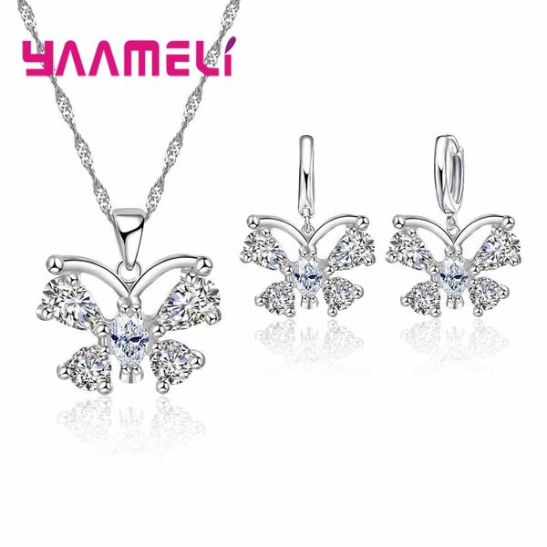 

yaameli shining austrian crystal butterfly pendant necklace earrings jewelry sets for women 925 sterling silver high quality