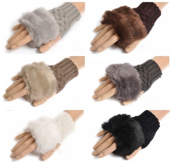 

women girl knitted faux rabbit fur gloves mittens winter arm length warmer outdoor fingerless gloves colorful xmas gifts, Blue;gray