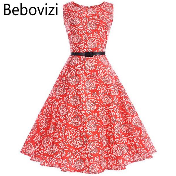 

bebovizi women summer red dress 2018 audrey hepburn floral print robe retro swing casual 60s vintage rockabilly dresses vestidos, White;black